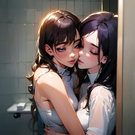 Two women, kissing passionately, lips touching, hugging tight, inside a small bathroom, underneath the shower, fully wet, soaked, lustful kissing