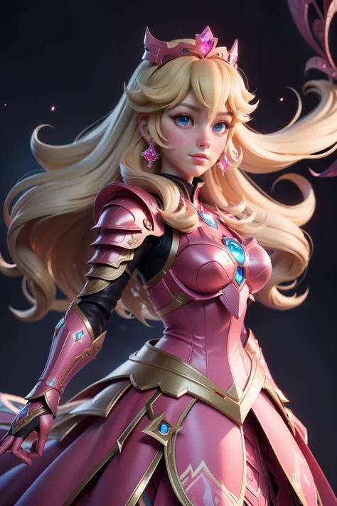 3dmm style,(masterpiece, top quality, best quality, official art, beautiful and aesthetic:1.2), (fractal art:1.3), 1girl, beautiful, high detailed, princess peach, blonde, blue eyes, dark lighting, serious face, looking the sky, sky, medium shot, black pin...