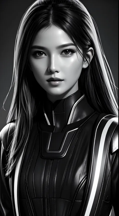 Charcoal painting style，Black and white，character sketch, high resolution, 1womanl, Solo,  (Detailed face), kda，bioluminic, Black and white galactic cybernetic mask, Portrait, SH4G0D,