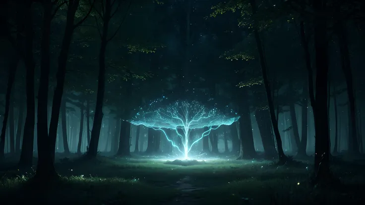 Close up photo of an a rotating magical portal in the thicket of the forest, a dim light breaking through the crowns of trees, a magical aura, glowing particles, uhd, 16k, volumetric light