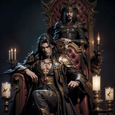 castlevania muscular shadow lord, hyper realistic, super detailed, scary lord dracula sitting in his legendary great moroccan th...