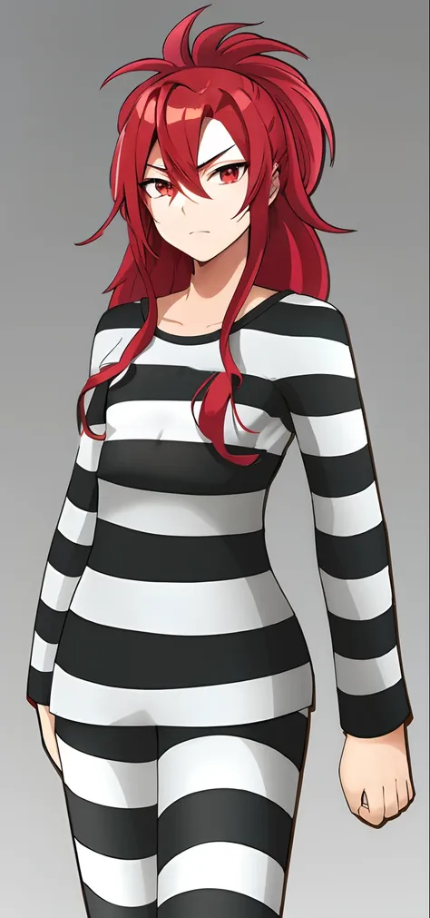 anime drawing of one man with red hair and black and white striped tops, in an anime style, in anime style, erza scarlet, in japanese anime style, very anime style, in manga style, red and black and white, black and white and red, subtle anime style, very ...