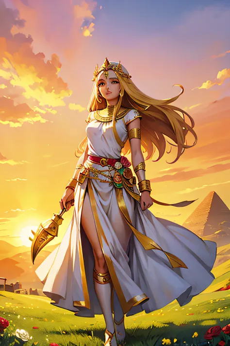 goddess, Egypt, Pretty woman, Standing sideways., ((Bending slightly.)), white outfit, The crown is made of flowers., The belt is made of roses., Golden yellow sky, Blue Mountain, Green grass