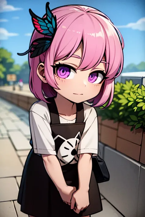 A pink haired woman with violet eyes is holding a butterfly