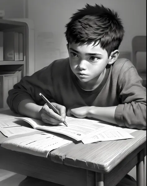 a 15-year-old boy studies in a classroom, close-up portrait, charcoal portrait, black and white, pencil sketch. (best quality, a...