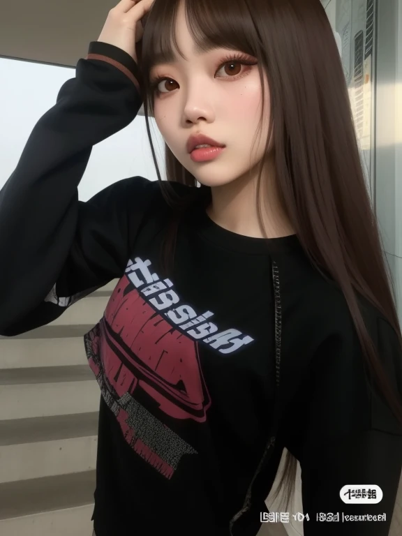 um close up de uma mulher com cabelos longos vestindo uma camisa preta, jennie blackpink, menina coreana, jossi do blackpink, Asian girl, japanese model, Parque Roseanne do Blackpink, Retrato de Jossi de Blackpink, she is wearing streetwear, cruel korean g...