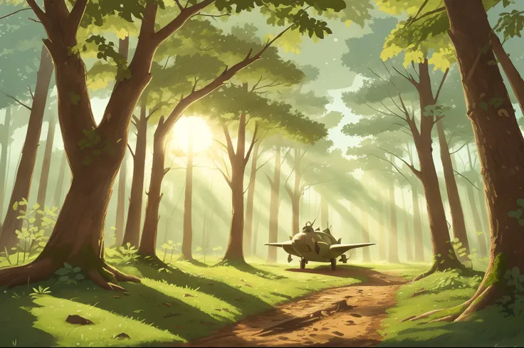 Char dassault t34 détruit lofi recouvert de mousse en forêt le matin avec le soleil qui passe a travers les arbres