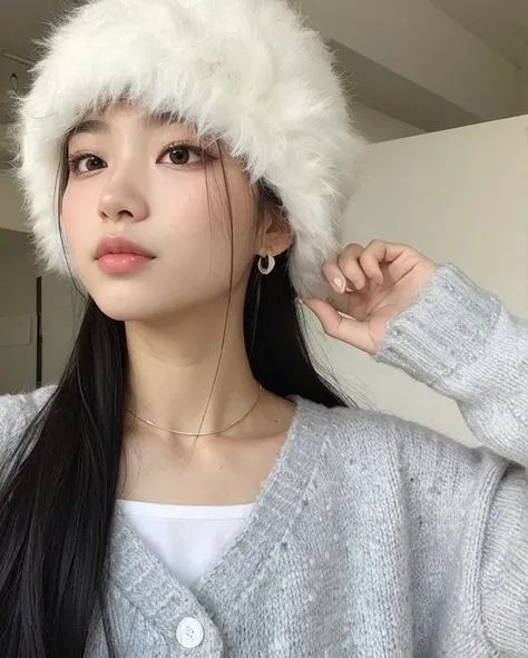 Araffe wearing a white hat and a gray sweater, wearing a chocker and cute hat, Ulzzang, com bonito - fino - rosto, 🤤 retrato da menina, young adorable korean face, young cute wan asian face, linda mulher coreana jovem, Jinyoung Canela, a young asian woman,...