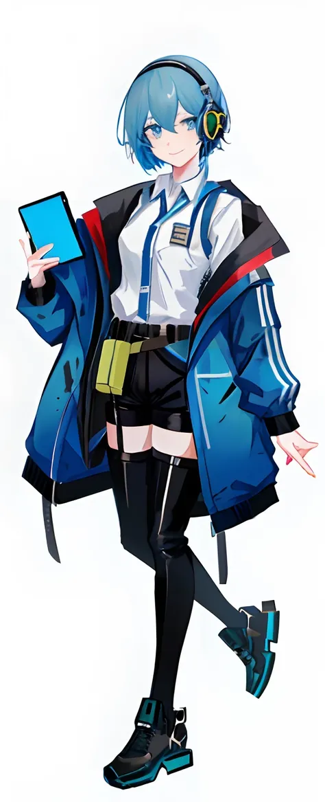 anime girl with headphones and a jacket walking with a backpack, girls frontline style, from girls frontline, kantai collection style, fine details. girls frontline, blue uniform, jk uniform, tall anime guy with blue eyes, detective clothes, made with anim...