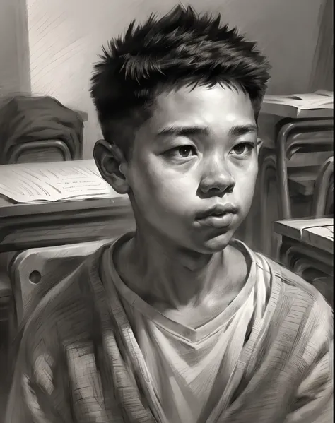 a 15-year-old boy studying in a classroom, close-up portrait, charcoal portrait, black and white, pencil sketch. (best quality, ...