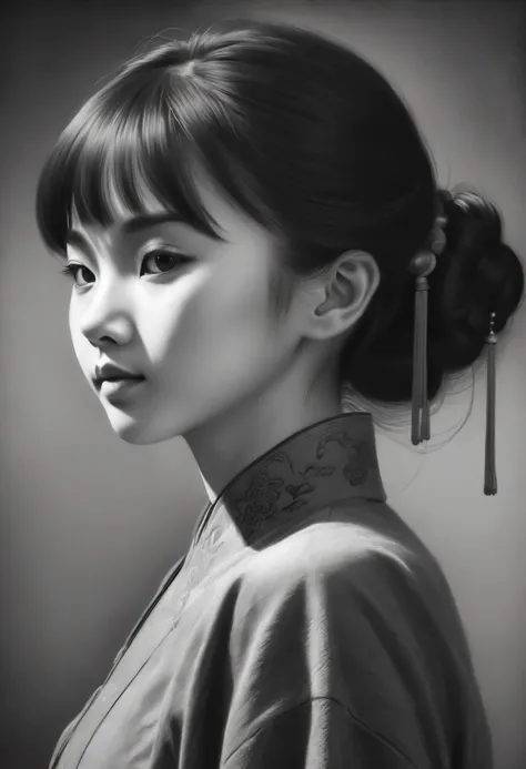 ,(Portrait,Character) s (Chinese girl:1.1),(Side view:1.1),Portrait in (Classic charcoal style:1.2) with (Fine, detailedshadows:1.1),