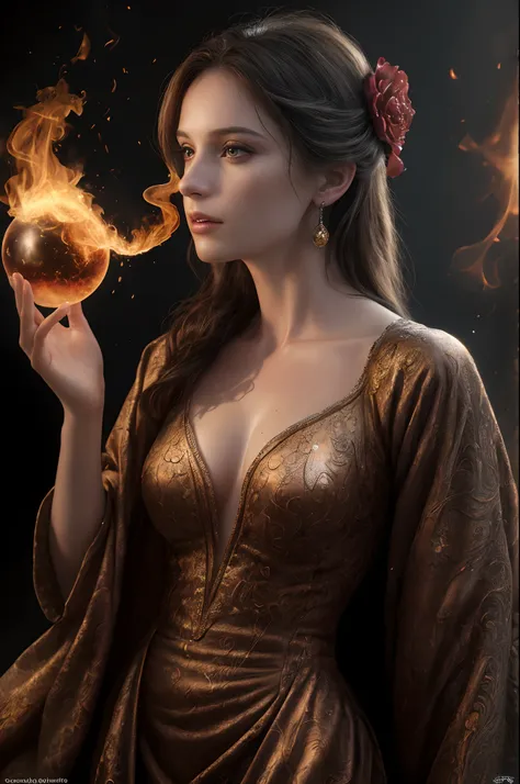 (realistic photo:1.5), (((high resolution photo))), (((extremely detailed))), ((masterpiece)), dramatic shadows, depth of field, 35 mm, (((best quality))), (realistic: 1.4), perfect woman in entire cration, in the background a magic sphere  with fire parti...