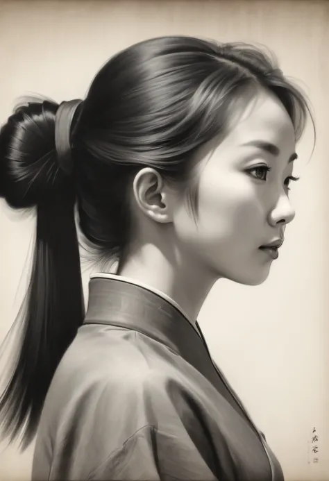 ,(Portrait,Character) s (Chinese girl:1.1),(Side view:1.1),Portrait in (Classic charcoal style:1.2) with (Fine, detailedshadows:1.1),