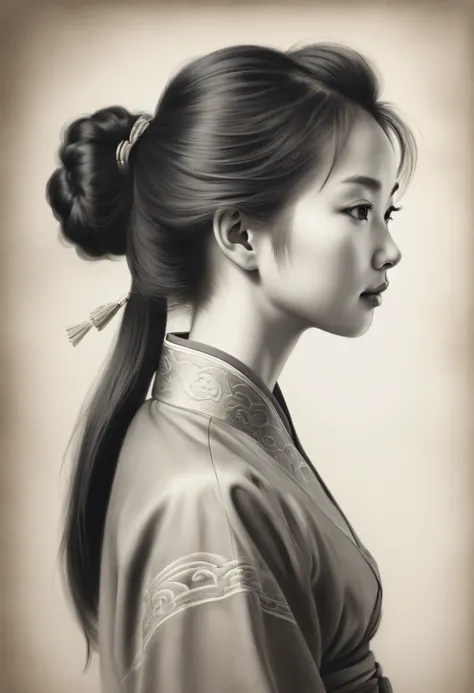 ,(Portrait,Character) s (Chinese girl:1.1),(Side view:1.1),Portrait in (Classic charcoal style:1.2) with (Fine, detailedshadows:1.1),