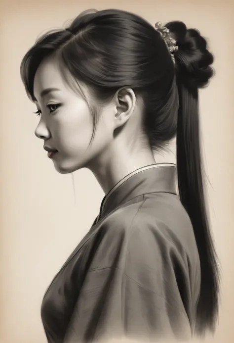 ,(Portrait,Character) s (Chinese girl:1.1),(Side view:1.1),Portrait in (Classic charcoal style:1.2) with (Fine, detailedshadows:1.1),