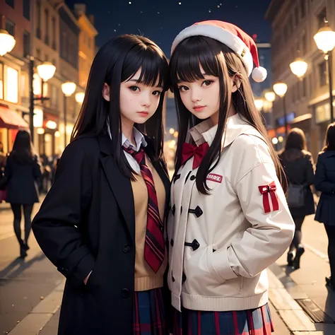 Two beautiful schoolgirls with arms crossed like lovers,Both of them are as cute as idols,Winter costume with coat,One has long black hair,One has short brown hair,tre anatomically correct,Accurate depiction finger,In the city of Christmas lights,​masterpi...