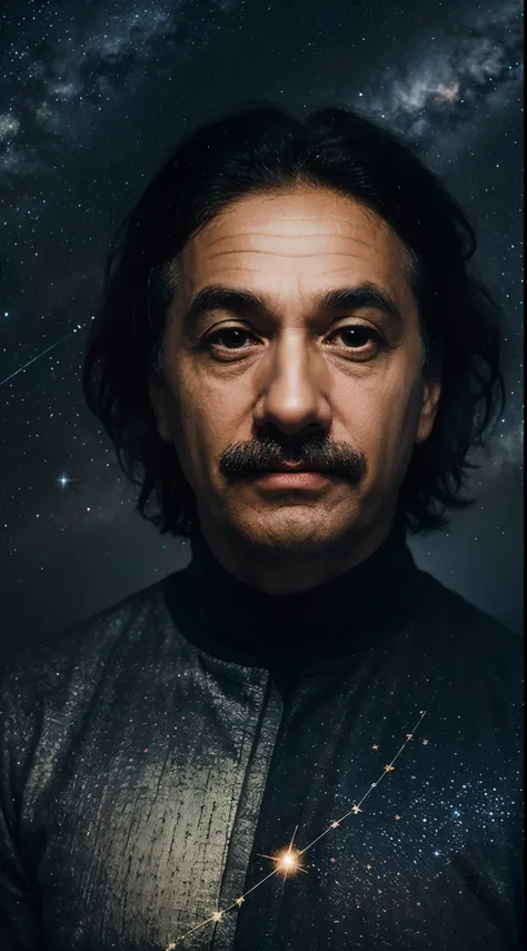 "Capture the essence of Einsteins genius with an image showcasing the cosmos: integrate his face as a constellation against a starry backdrop, symbolizing his profound influence on our understanding of the universe."