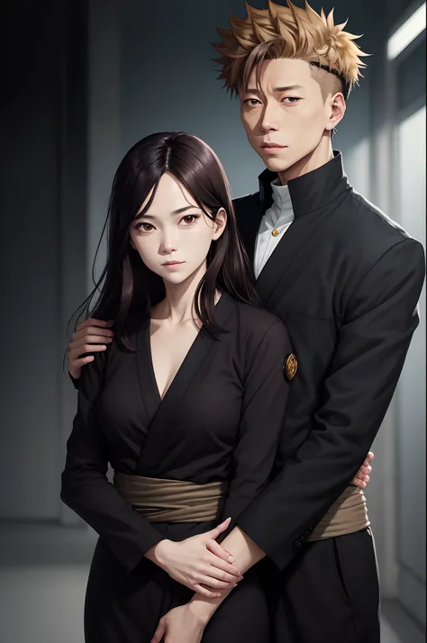 Jujutsu Kaisen Art.
Studio MAPPA art style.
Female sorceress with long dark brown hair and hazel eyes standing next to Satoru Gojo.
Satoru Gojo has his arm wrapped around the female‘s shoulders and grins.
The female looks serious and reserved.
The female w...