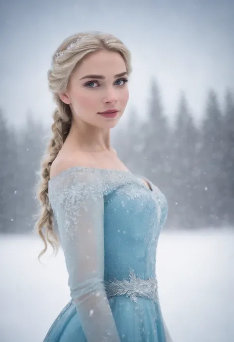 elsa frozen at 18 years old in the snow field, snowing, full body standing, walt disney