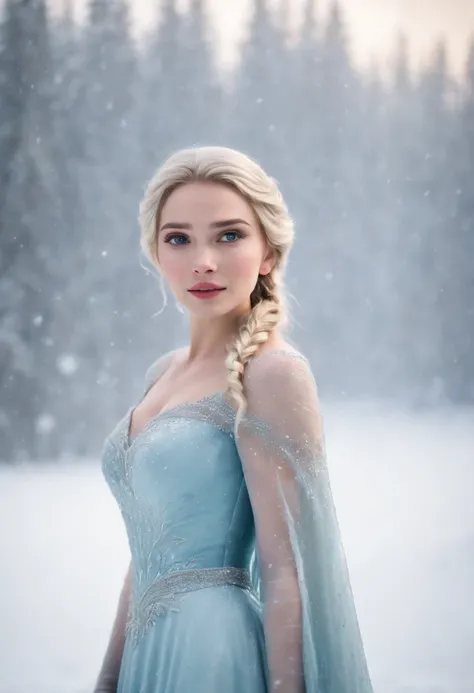 elsa frozen at 18 years old in the snow field, snowing, full body standing, walt disney