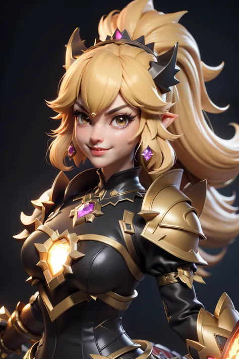 3dmm style,(masterpiece, top quality, best quality, official art, beautiful and aesthetic:1.2), (fractal art:1.3), 1girl, beautiful, high detailed, bowsette, female Bowser, blonde, dark eyes, dark lighting, mischievous face, looking the sky, sky, medium sh...