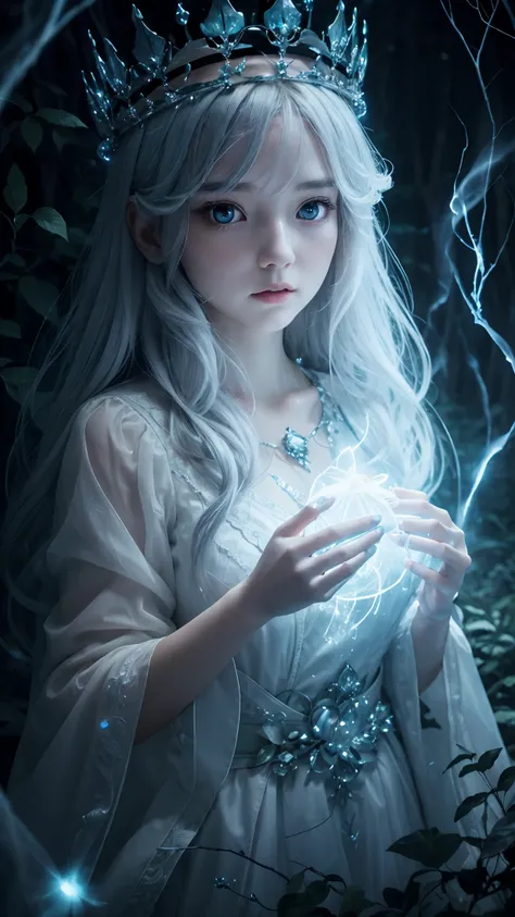 Close up photo of an a cute female transparent spirit, ghost, in the thicket of the forest, detailed face, detailed eyes, a dim light breaking through the crowns of trees, a magical aura, glowing particles, uhd, 16k, volumetric light