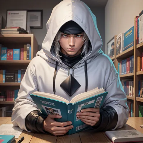 Teenager in hood reading a manga