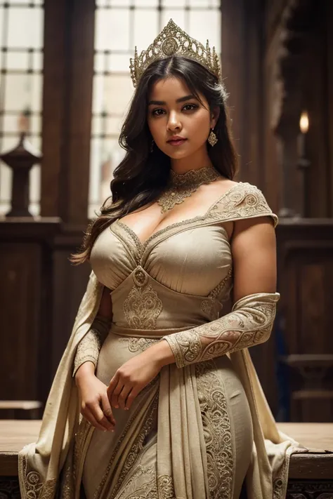 Cinematic portrait, ((upper body)), facing the audience, (Reality :1.3), the worlds most beautiful artwork photo, a woman looking into the camera, nepalese white woman, sexy curvy body, mid aged, medieval court dress, gorgeous, soft gauze, detailed beautif...