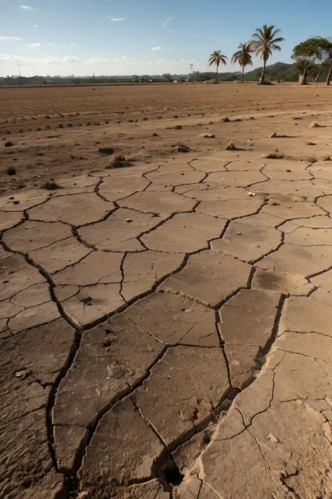 A scene of the sky of northeastern Brazil with a scorching sun with the ground cracked by drought