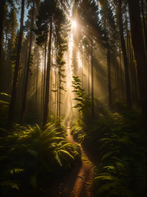 Sunlight shining through the trees in a forest with ferns, magical forest, Luz de raio florestal, magical forest backround, cinematic forest lighting, Fotografia capturada em uma floresta, magical forest background, magical ambiance, Magic Forest, Luz da F...