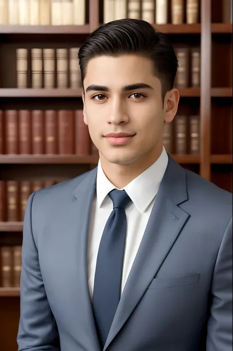 (classy, professional) portrait of a Latino lawyer, 25 years old, wearing a sophisticated suit with a perfectly tailored tie. He has a confident and determined expression on his face, showing his expertise and experience in the legal field. The portrait is...