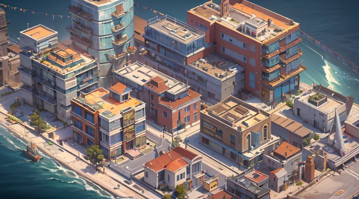 game map, 3rd person view, city map, with appartment, with buildings, with school, high quality, next sea, ((3d)), very detailed...