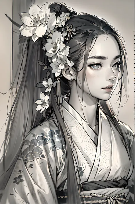 sketching，pencil drawing，Ponytail girl，There are small broken flowers on the head，Chinese ancient style，Samurai clothes，Black and white picture，super-fine，Hair is carefully described，The eyes are carefully depicted，best qualtiy，8K分辨率