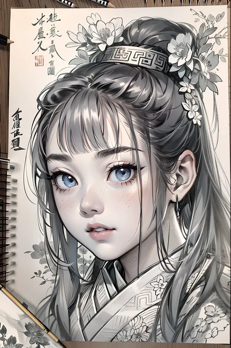 sketching，pencil drawing，Ponytail girl，There are small broken flowers on the head，Chinese ancient style，Samurai clothes，Black and white picture，super-fine，Hair is carefully described，The eyes are carefully depicted，best qualtiy，8K分辨率