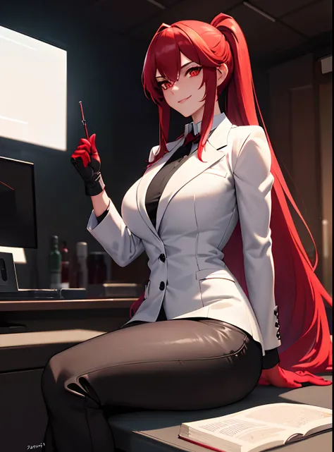 (master piece, best quality) an adult woman with very long red hair, tied in a ponytail, correct proportions, Researcher Clothes, big white coat, Dress pants, black gloves, red eyes, Appearance, Happy, smiling, kind, blood on clothes, large busts (huge, to...