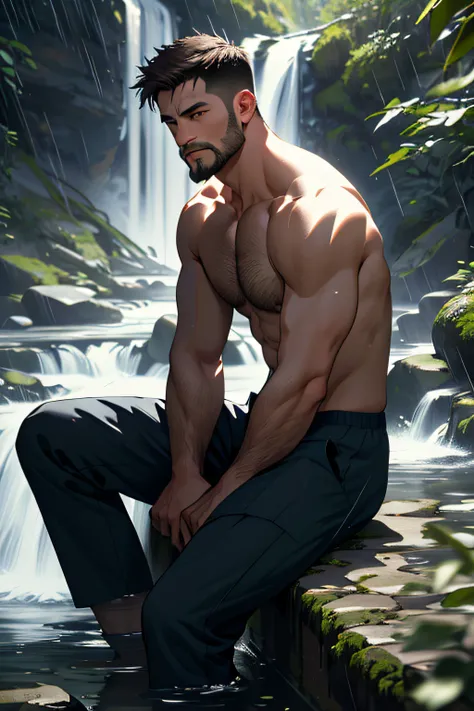 Best quality, masterpiece, expressionless,ultra high res,detailed background,realistic,1man,solo,male,muscular,mature male,short hair,facial hair,sitting,waterfall,river,real shadow and light,depth of field,chest, underwear, rain