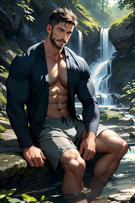 Best quality, masterpiece, expressionless,ultra high res,detailed background,realistic,1man,solo,male,muscular,mature male,short hair,facial hair,sitting,waterfall,river,real shadow and light,depth of field,chest, underwear, rain