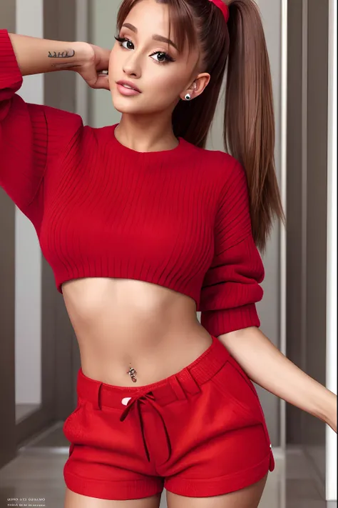 arafed woman in a red sweater and blue shorts posing for a picture, ariana grande, glossy magazine photoshoot, ariana grande photography, hot-pants, promotional photoshoot, portrait of ariana grande, magazine photoshoot, wearing red shorts, cheeky!!!, her ...