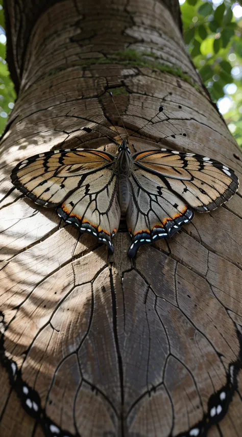 best quality, ultra-detailed. butterfly engraved on the trunk of a tree.  HDR, 16K.