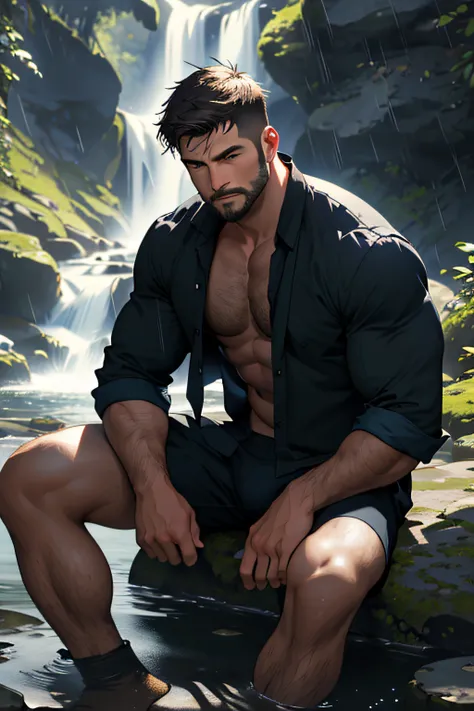 Best quality, masterpiece, expressionless,ultra high res,detailed background,realistic,1man,solo,male,muscular,mature male,short hair,facial hair,sitting,waterfall,river,real shadow and light,depth of field,chest, underwear, rain