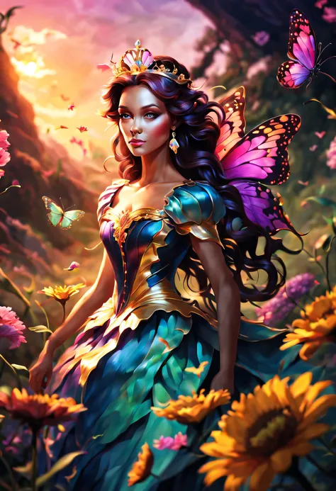 (best quality, 4k, 8k, high resolution, masterpiece: 1.2), (beautiful butterfly queen:1.32) and ultra detailed, long wings, vibr...