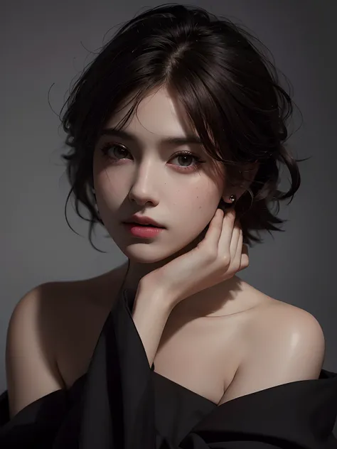 Best quality, masterpiece, ultra high res, (photorealistic:1.5), raw photo, 1girl, offshoulder, in the dark, deep shadow, low key, cold light, sexy look, short hair