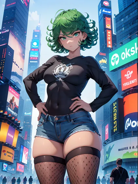 1girl, short green hair, green eyes, ((black plain t-shirt, denim shorts, fishnets thighhighs, standing, hands on hips, bored expression, in Time Square Avenue)), curvy figure, overlooking city, blush, day 

BREAK 

(((Masterpiece))), ((Highly detailed cha...