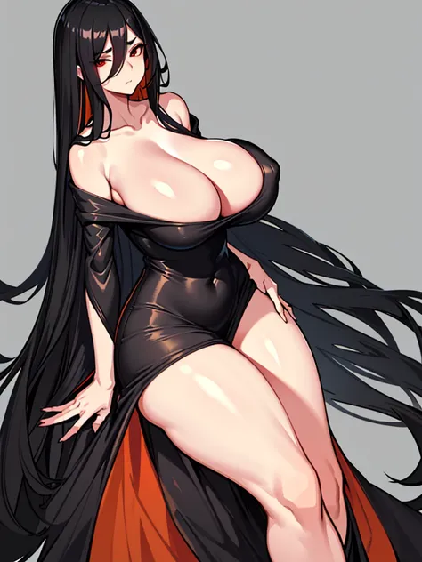 Masterpiece, best quality, 1 girl, long hair, big bust, ((Black Hair)), ((long hair)), ((Black Elegant Dress)), Sexy, Sensual, Orange and Red Eyes, Serious, emotionless, adult woman, seductive, hands on hips, ((chubby body)), ((Nice Thighs, Huge Boobs, Hug...