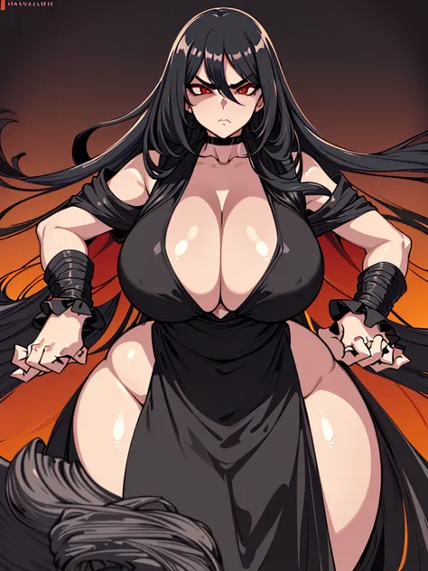 Masterpiece, best quality, 1 girl, long hair, big bust, ((Black Hair)), ((long hair)), ((Black Elegant Dress)), Sexy, Sensual, Orange and Red Eyes, Serious, emotionless, adult woman, seductive, hands on hips, ((chubby body)), ((Nice Thighs, Huge Boobs, Hug...