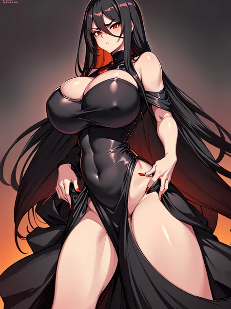 Masterpiece, best quality, 1 girl, long hair, big bust, ((Black Hair)), ((long hair)), ((Black Elegant Dress)), Sexy, Sensual, Orange and Red Eyes, Serious, emotionless, adult woman, seductive, hands on hips, ((chubby body)), ((Nice Thighs, Huge Boobs, Hug...