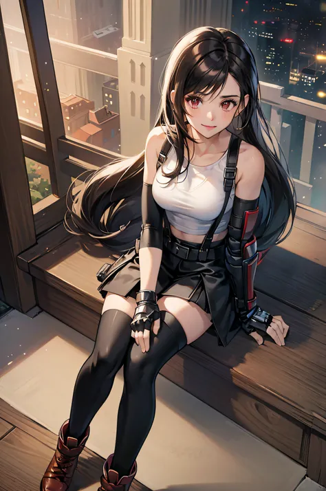 (masterpiece), best quality, expressive eyes, perfect face, 1 girl, solo, 7rtifa, white crop top, arm guards, fingerless gloves, suspenders, pleated miniskirt, black thighhighs, red boots, city, metallic city, night, smiling, sitting, standing, portrait, l...