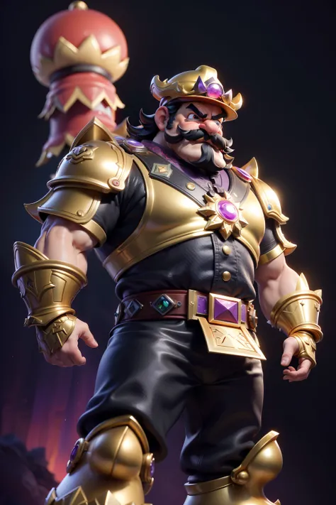 3dmm style,(masterpiece, top quality, best quality, official art, beautiful and aesthetic:1.2), (fractal art:1.3), 1man, , high detailed, Wario, Wario hat, mustache, big & strong, dark lighting, serious face, looking the sky, sky, medium shot, yellow & pur...