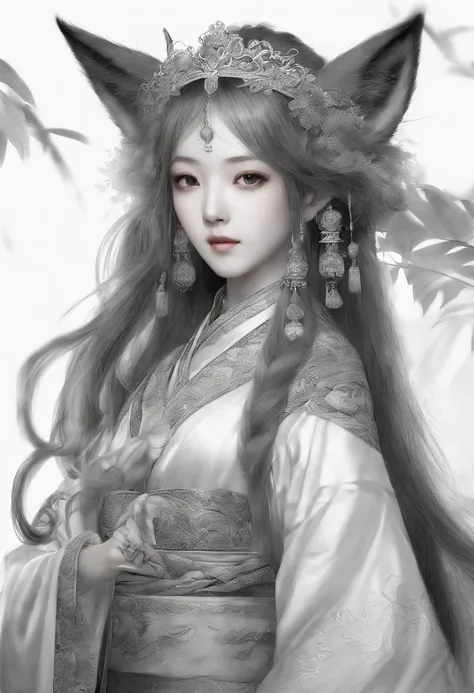 sketching，pencil drawing，Pencil strokes，Fox-eared maiden，Pavilions，Fairy air fluttering，Chinese ancient style，Wide robe，Black and white picture，Black and white art，Black and white illustration，super-fine，Hair is carefully described，The eyes are carefully d...