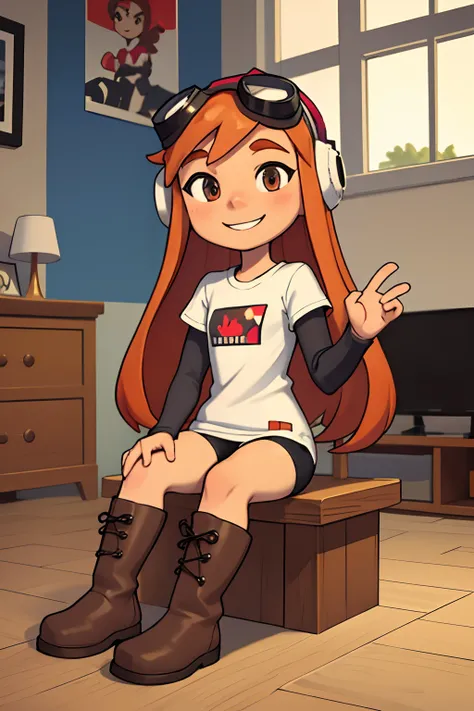 masterpiece, best quality, meggy, headphones, goggles on head, white shirt, layered sleeves, spandex shorts, brown boots, full body, looking at viewer, smile, sitting in living room playing video game